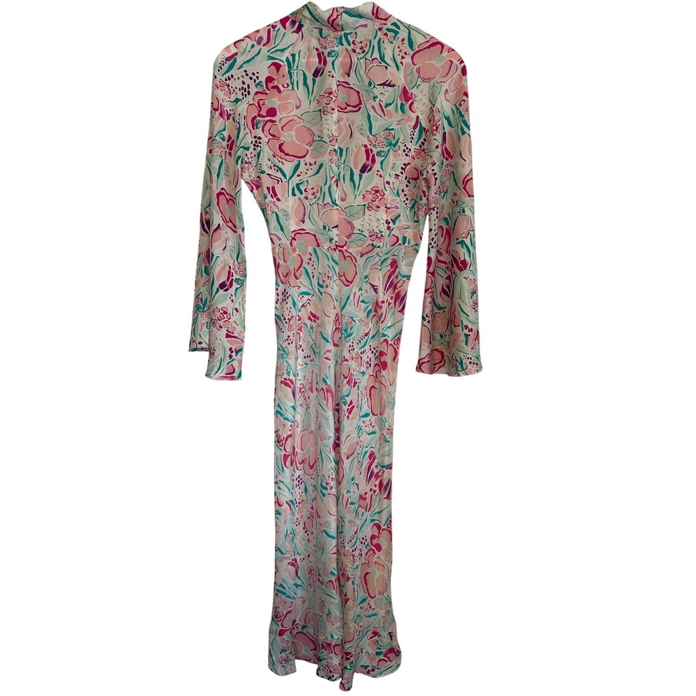RIXO Amel Pink Teal Floral Silk Blend Kitten Bow Midi Dress Long Bell Sleeve XS - Picture 3 of 9